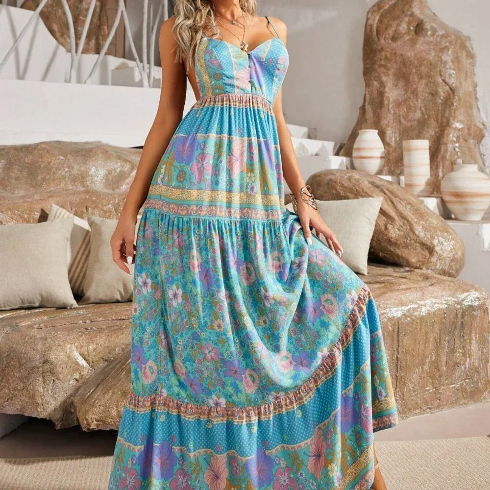 Blue Boho Womens Floral Print Ruffle Hem Cami Dress - Picture 1 of 5